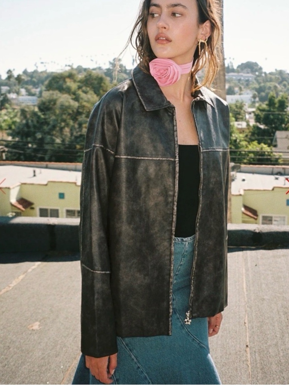 Lisa Says Gah Oversized Faux Leather Zip Jacket AND matching skirt in Dark Brown - Picture 5 of 8
